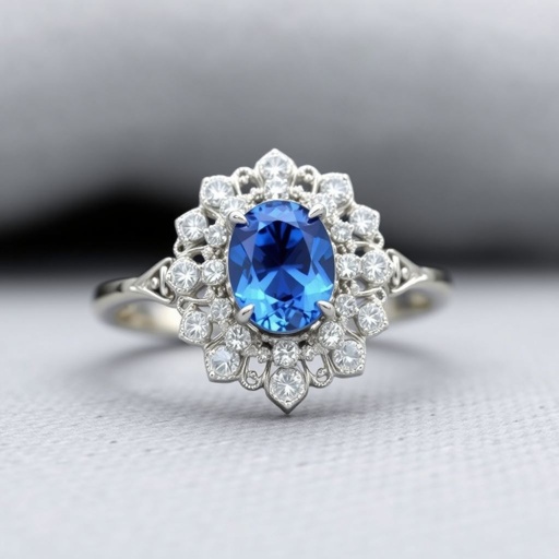 Blue Sapphire surrounded by diamonds. Diana ring
