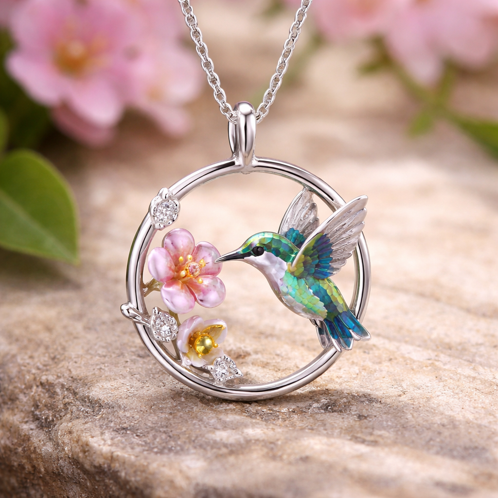 Panajachel Hummingbird Pendant Necklace for Women Small Circle Hummingbird Necklace with Flower for Birthday