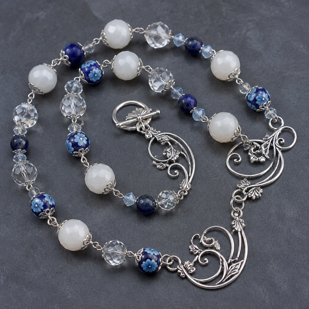 "White faceted jade beads 12mm, clear faceted crystal quartz 10mm, sapphire rough cut round beads 6mm, millefiori blue with light blue flowers 8mm, light faintly blue faceted crystals 6mm, silver findings
photorealistic jewelry design, "White faceted jade beads 12mm, clear faceted crystal quartz 10mm, sapphire rough cut round beads 6mm, millefiori blue with light blue flowers 8mm, light faintly blue faceted crystals 6mm, silver findings, art_nouveau style, just the design no text