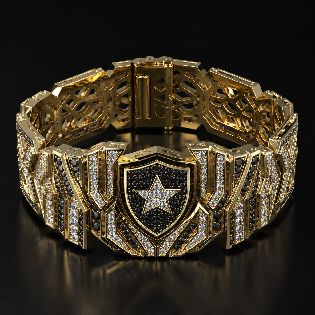 A geometric men's bracelet made of gold, highly ornate, intricate and elaborate, richly detailed. bracelete na temática do time de futebol bota fogo
O escudo do botafogo cravejado com pedras originais da cor do tine
na frente do bracelete o escudo cravejado e em baixo escrito "badboy"
bracelete com um formato e designer único
photorealistic jewelry design, A geometric men's bracelet made of gold, highly ornate, intricate and elaborate, richly detailed. bracelete na temática do time de futebol bota fogo
O escudo do botafogo cravejado com pedras originais da cor do tine
na frente do bracelete o escudo cravejado e em baixo escrito "badboy"
bracelete com um formato e designer único, geometric style, just the design no text