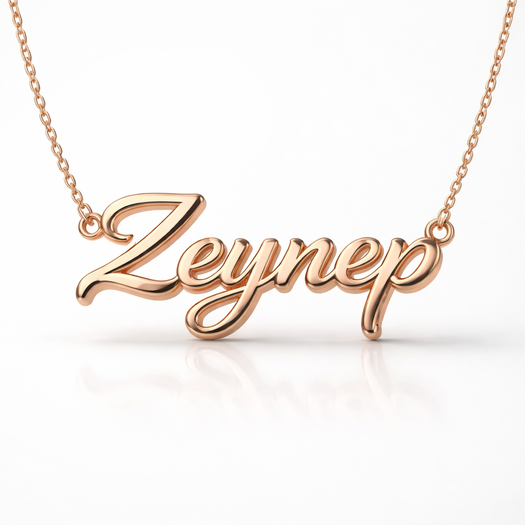 A minimalist women's necklace made of rose gold. A bold personalized name necklace that says "Zeynep",
thicker cursive script font, rounded and feminine style,
smooth bold curves, slightly playful design,
gold polished surface with strong reflections,
stylish and eye-catching jewelry design,
delicate but visible chain,
clean studio background, commercial look