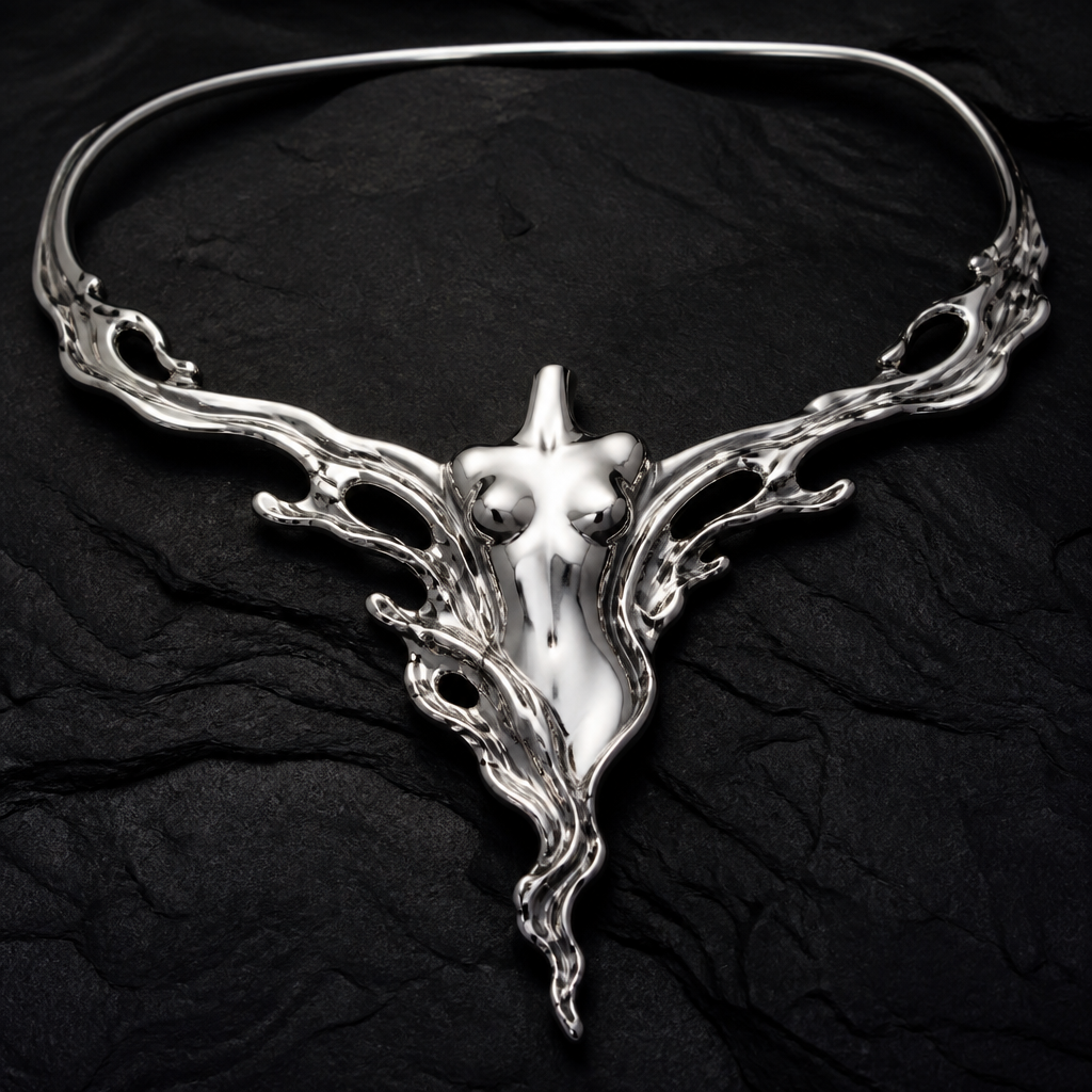 A sculptural women's ring. Sculptural silver necklace inspired by the female clavicle, sternum and flowing water, an emerging female torso rising from a wave, high fashion jewelry, architectural anatomy, dark luxury aesthetic.
photorealistic jewelry design, A sculptural women's ring. Sculptural silver necklace inspired by the female clavicle, sternum and flowing water, an emerging female torso rising from a wave, high fashion jewelry, architectural anatomy, dark luxury aesthetic., sculptural style, just the design no text