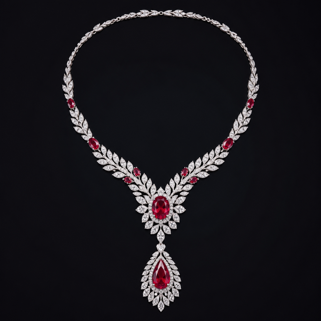 A luxury women's necklace made of platinum with ruby stones
photorealistic jewelry design, A luxury women's necklace made of platinum with ruby stones, luxury style, just the design no text