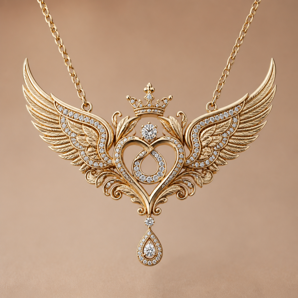 . Refinement: angel wing design with custom text "SACRED ERA QUEEN 26♾️
photorealistic jewelry design, . Refinement: angel wing design with custom text "SACRED ERA QUEEN 26♾️, Romantic style, just the design no text