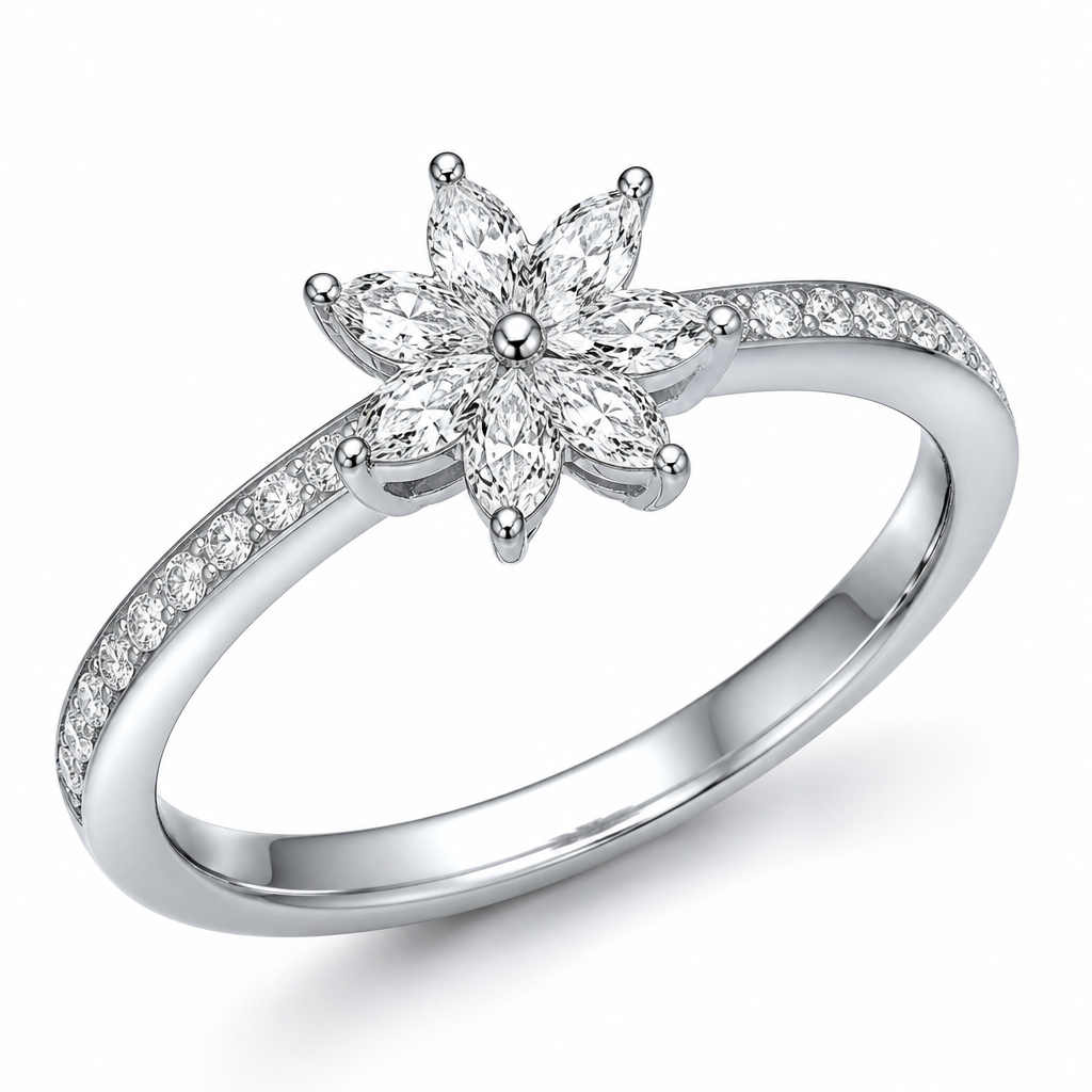 A luxury women's ring made of platinum with diamond stones suitable for daily wear. A platinum luxury style ring with a flower shaped diamond for daily wear
photorealistic jewelry design, A luxury women's ring made of platinum with diamond stones suitable for daily wear. A platinum luxury style ring with a flower shaped diamond for daily wear, luxury style, just the design no text