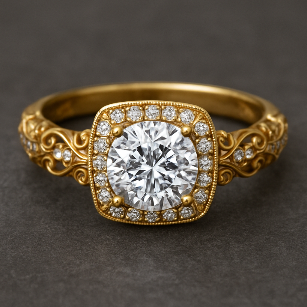 Round hidden halo with princess cut diamond setting