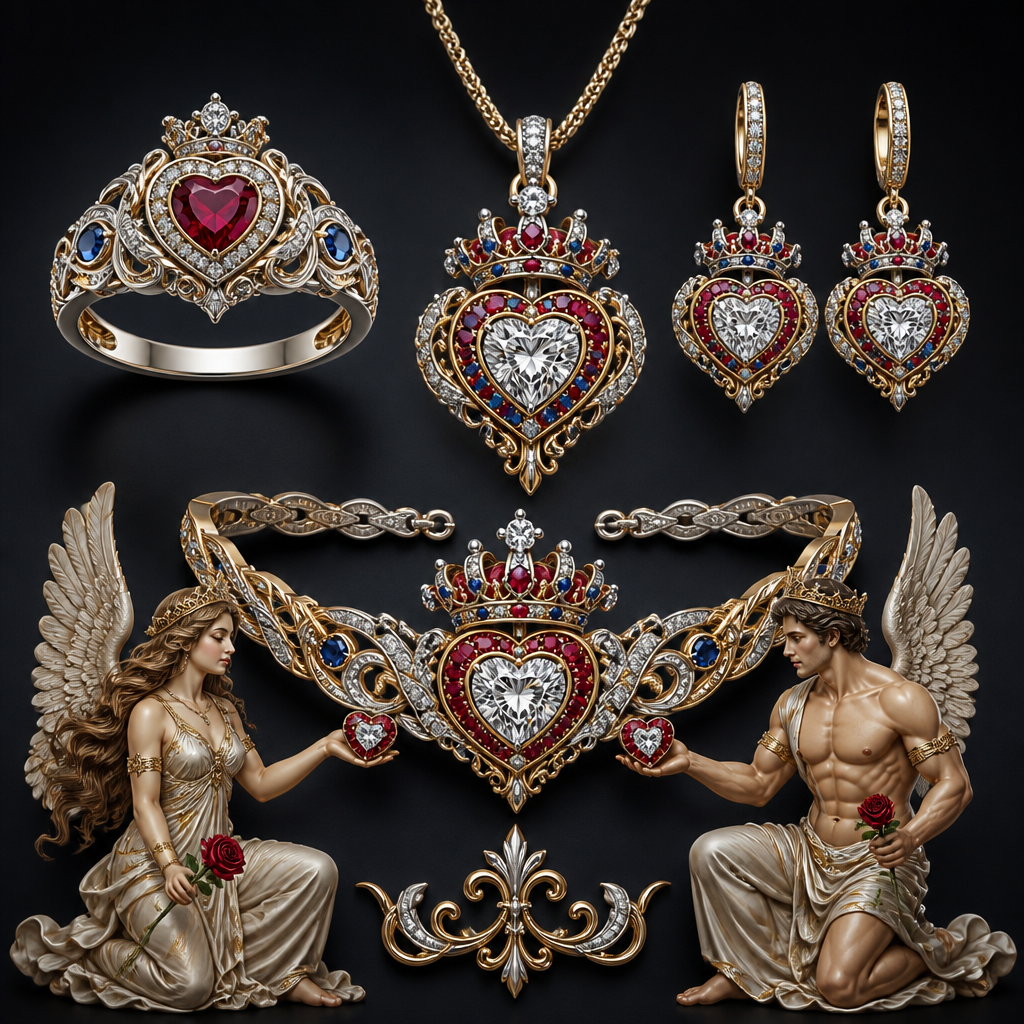 A royal women's ring made of mixed metal with diamond and ruby and sapphire stones suitable for wedding. An extraordinary beautiful delicate elegant and excellent set of jewelry with a beautiful delicate and elegant ring, two ear rings, a pendant and a bracelet with a heart at the middle and a diamond in the middle of the heart over the heart to be placed a beautiful delicate and elegant queen crown with a diamond in the middle and rubies and sapphires all around the crown, with an extraordinary beautiful delicate and elegant female Angel with a beautiful delicate and elegant face with long hair holding a heart with Her right hand and a rose with Her left hand at the right side of the heart and an extraordinary beautiful delicate and elegant male Angel with an extraordinary beautiful delicate elegant and fit body with a beautiful delicate and elegant face with short hair holding a heart with His right hand and a rose with His left hand at the left side of the heat.