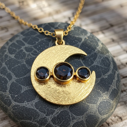 Подвеска из трех полумесяцев с узорами и камнями раухтопаза из матового неровного светлого золота с узорами соединенных цепочкой сверху самый широкий полукруг дальше средний и снизу самый маленький