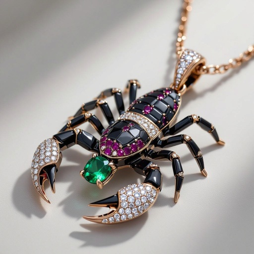 Creating completed set of Geomatric scorpion pendant of white and bkack and rubies diamonds gold accents for contrast. Incorporate a single, oval-cut gemstone-perhaps a striking emerald-set at an unconventional angle, creating a bold focal point that exudes contemporary elegance and sophistication. Envision a striking geometric scorpion pendant, intricately crafted with sharp angles in a combination of matte black and lustrous white metals. Accentuated with glittering ruby diamonds, the design features a single oval-cut emerald, expertly set at a daring tilt. This captivating piece marries edgy modernity with timeless elegance, perfect for bold fashion statements.The diamond is elegantly set in a sleek, minimalist rose gold frame that accentuates its brilliance. The modern aesthetic is enhanced with clean lines and asymmetry, making it a striking statement piece for the avant-garde wearer.