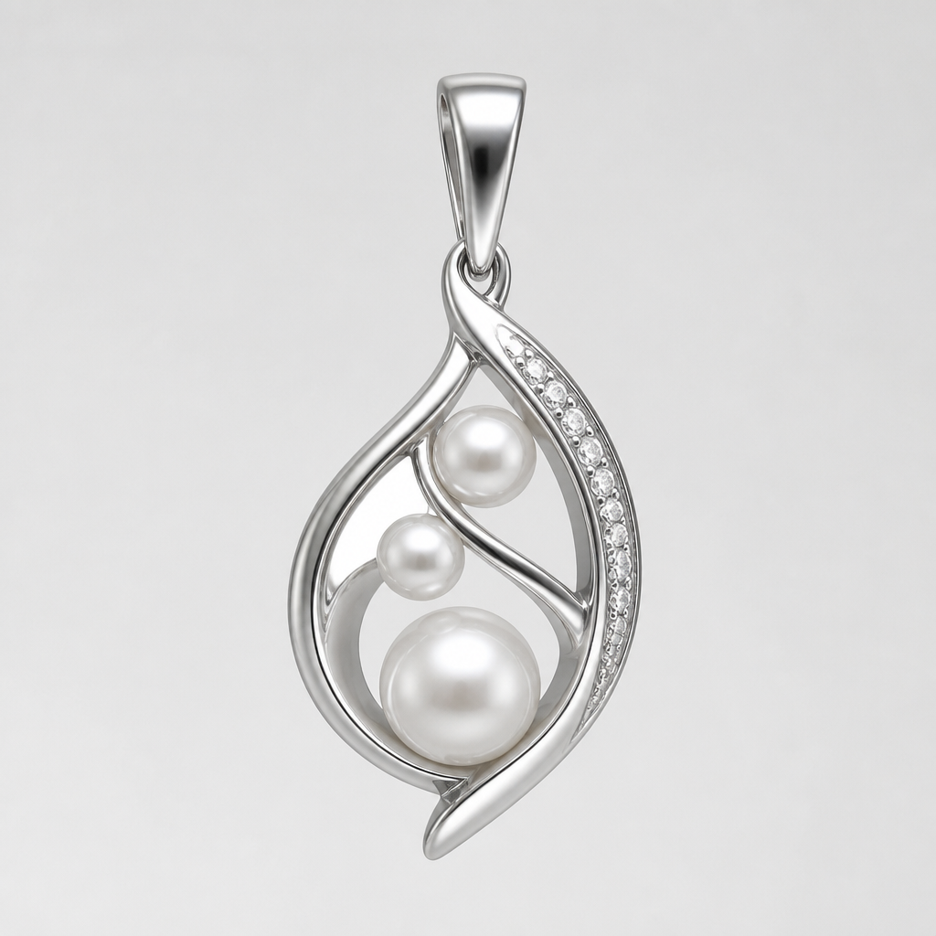 A modern women's pendant made of white gold with pearl stones
photorealistic jewelry design, A modern women's pendant made of white gold with pearl stones, modern style, just the design no text