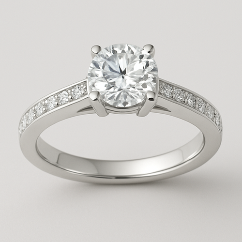 White gold ring 1 carat round diamond with pave t bar