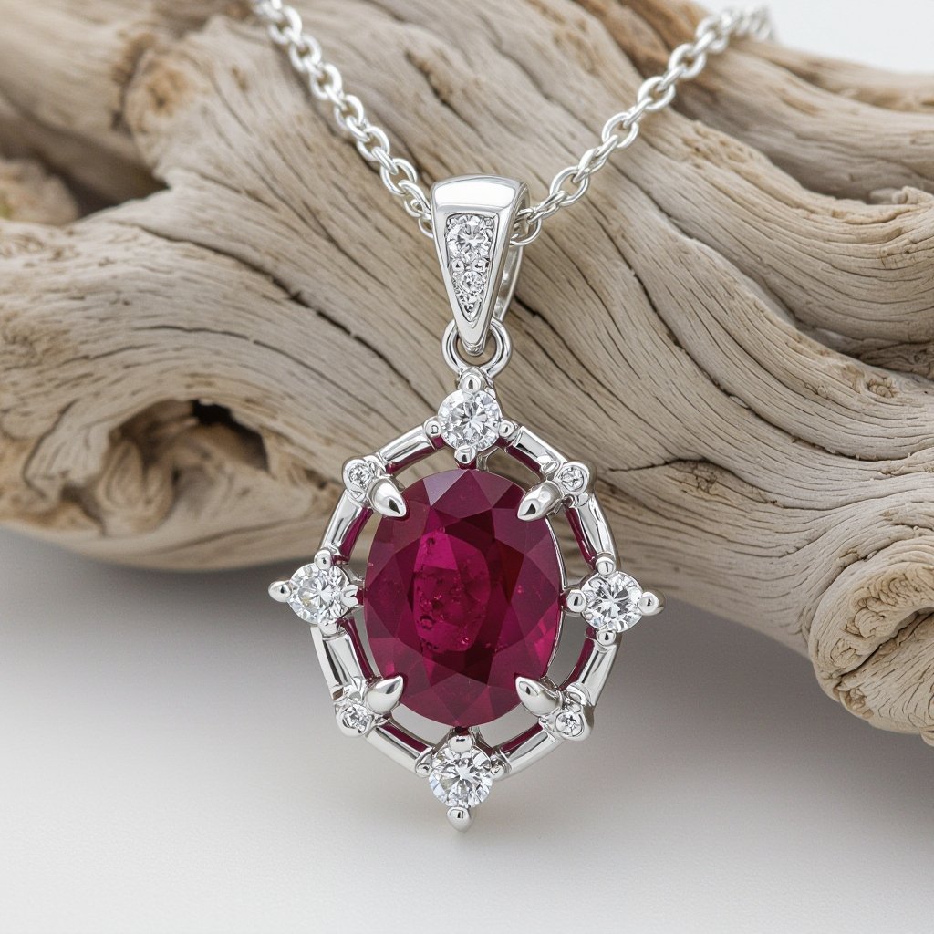 7x5mm oval pigeon blood ruby with 8 marquis cut diamonds each .08ct set in white gold pendant 