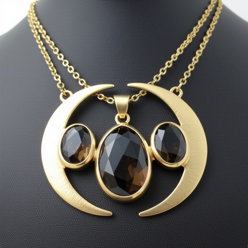 Подвеска из трех полумесяцев с узорами и камнями раухтопаза из матового неровного светлого золота с узорами соединенных цепочкой сверху самый широкий полукруг дальше средний и снизу самый маленький