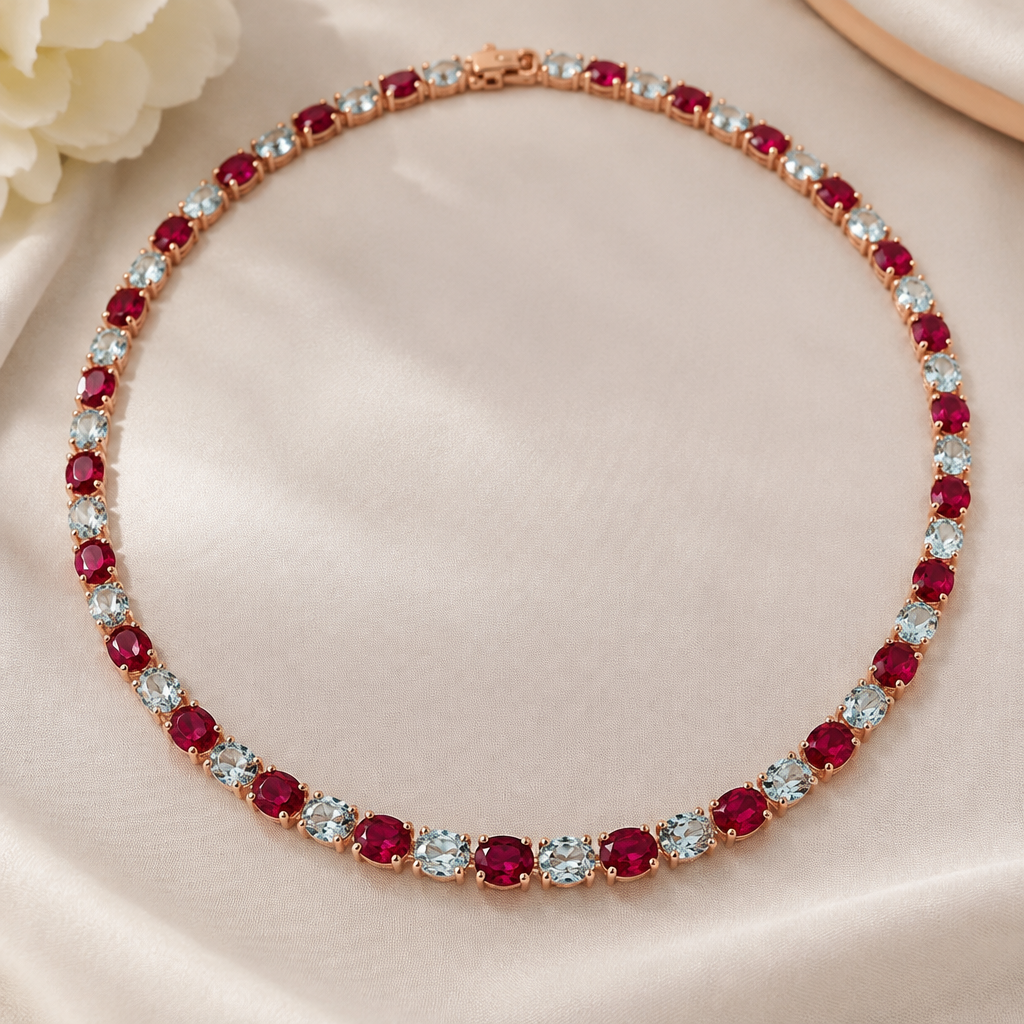 A tennis women's necklace made of rose gold with ruby and aquamarine stones suitable for wedding
photorealistic jewelry design, A tennis women's necklace made of rose gold with ruby and aquamarine stones suitable for wedding, tennis style, just the design no text