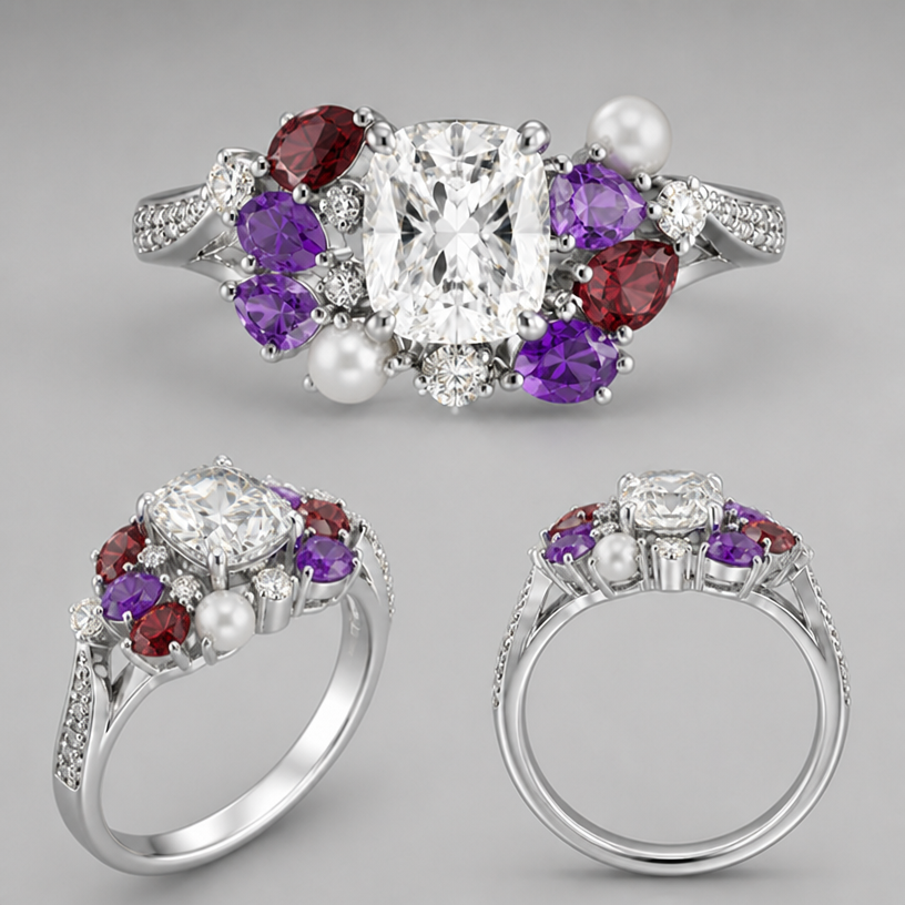 The birthstones are garnet and amethyst. You can use pearls for June
edit the attached jewelry design with these instructions: The birthstones are garnet and amethyst. You can use pearls for June. keep it photorealistic, just the design no text
