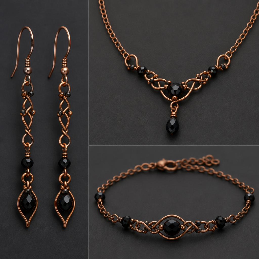 A gothic women's earrings made of copper suitable for daily wear, minimalist, simple and delicate, clean lines. made from wire, seed beads and crystal beads a set of earrings with matching bracelet and necklace
photorealistic jewelry design, A gothic women's earrings made of copper suitable for daily wear, minimalist, simple and delicate, clean lines. made from wire, seed beads and crystal beads a set of earrings with matching bracelet and necklace, gothic style, just the design no text
