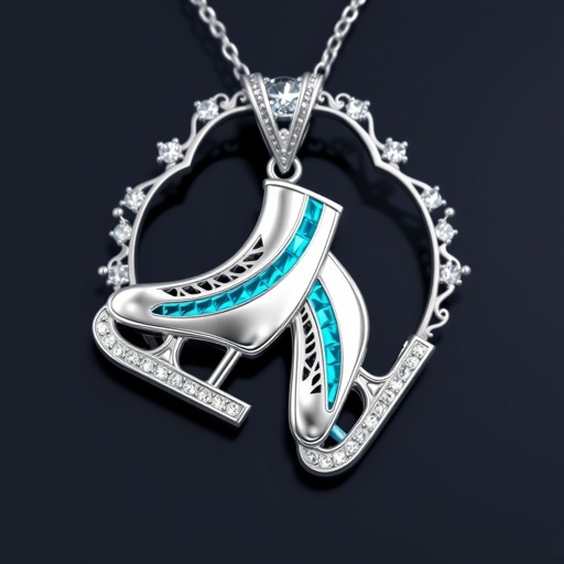 Silver pendant in the shape of ice skating blades with a turquoise stripe within the blade