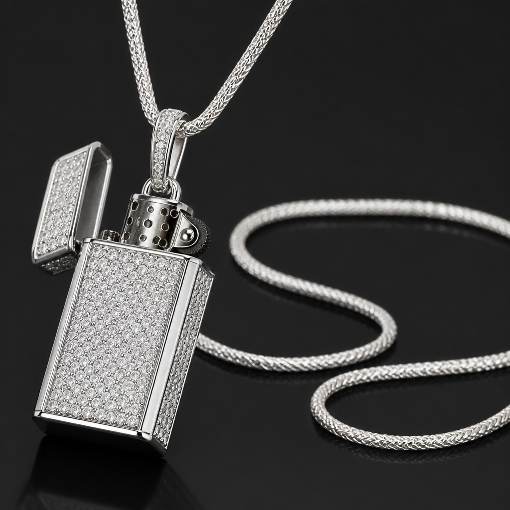 White gold and Diamond lighter holder with chain
photorealistic jewelry design, White gold and Diamond lighter holder with chain , just the design no text