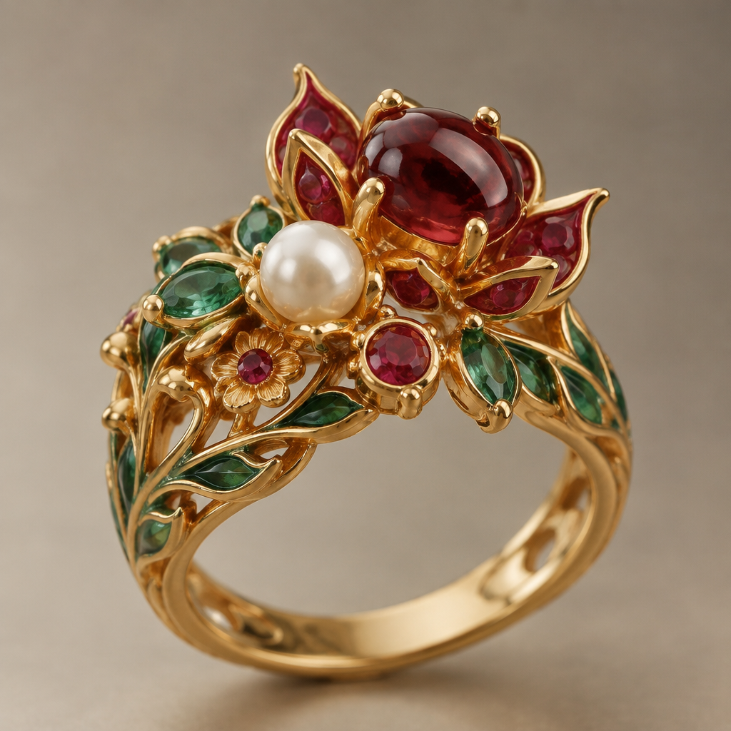 A asian-inspired women's ring made of gold with garnet and pearl and emerald and ruby stones
photorealistic jewelry design, A asian-inspired women's ring made of gold with garnet and pearl and emerald and ruby stones, asian_inspired style, just the design no text