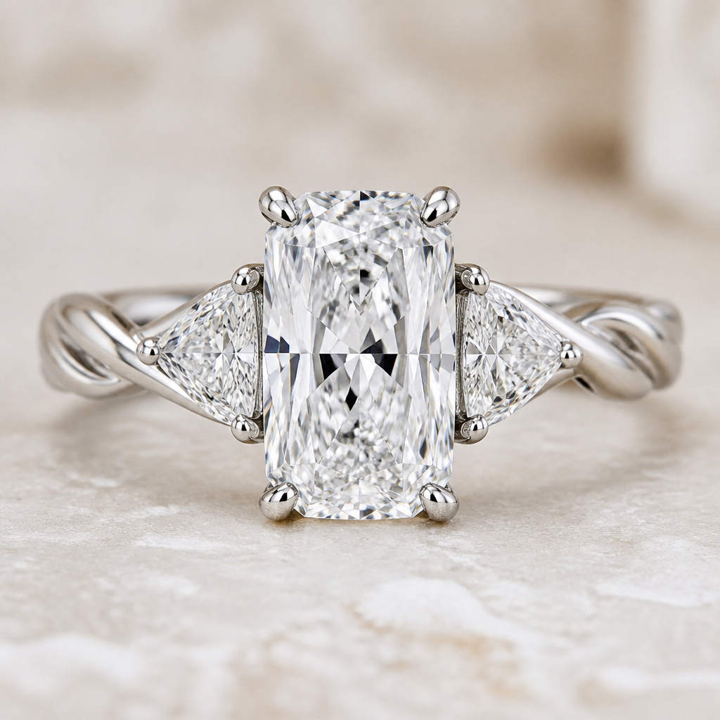 3–4 ct elongated cushion-cut diamond, three-stone engagement ring in white gold, with a medium-thick twisted band
photorealistic jewelry design, 3–4 ct elongated cushion-cut diamond, three-stone engagement ring in white gold, with a medium-thick twisted band, modern style, just the design no text