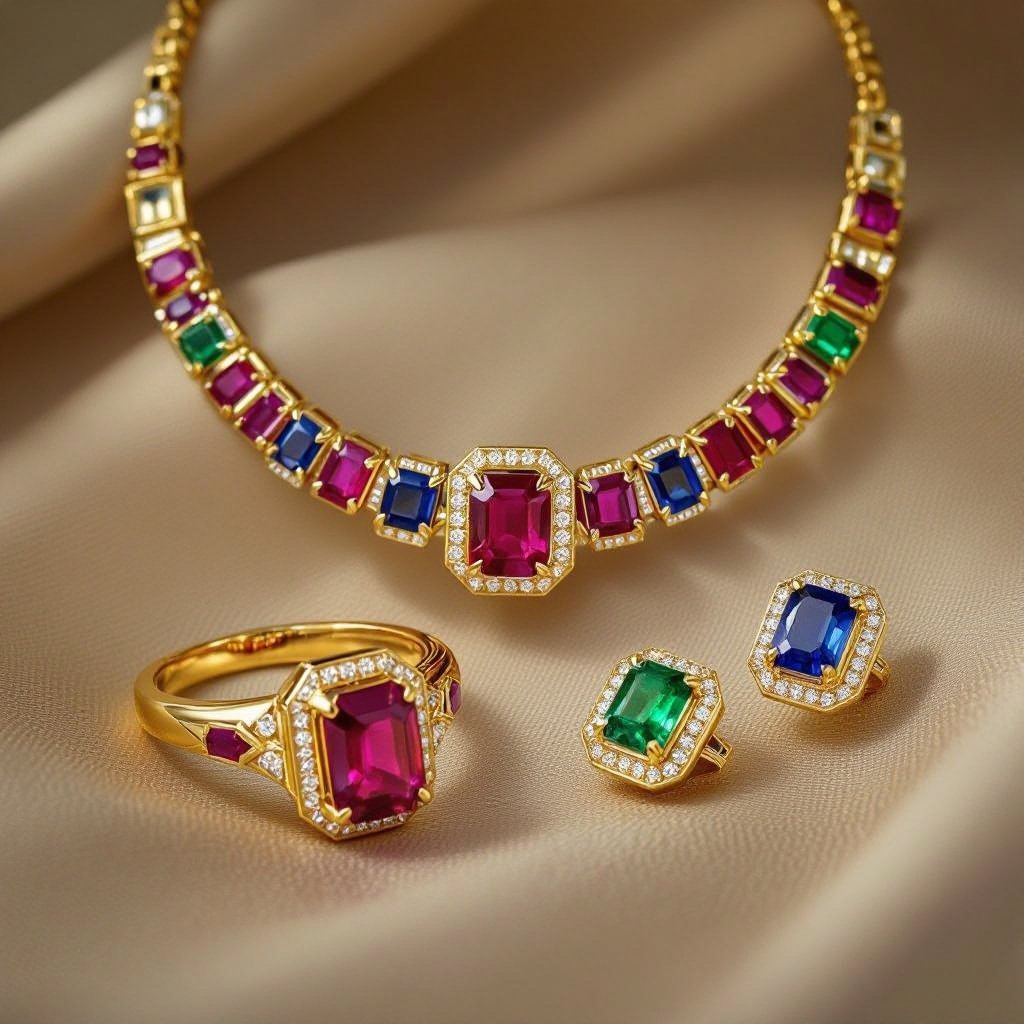 Necklace and ring and earring with luxury colorful jewel with gold