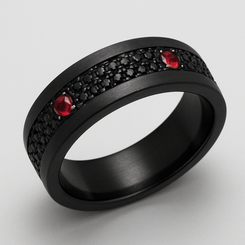 Men’s thick wedding band black with black stones and 2 rubies 