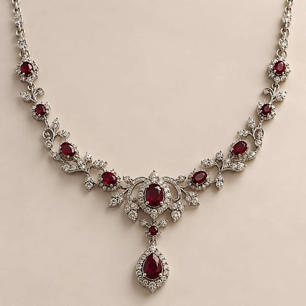 A vintage women's necklace made of white gold with ruby stones suitable for birthday
photorealistic jewelry design, A vintage women's necklace made of white gold with ruby stones suitable for birthday, vintage style, just the design no text