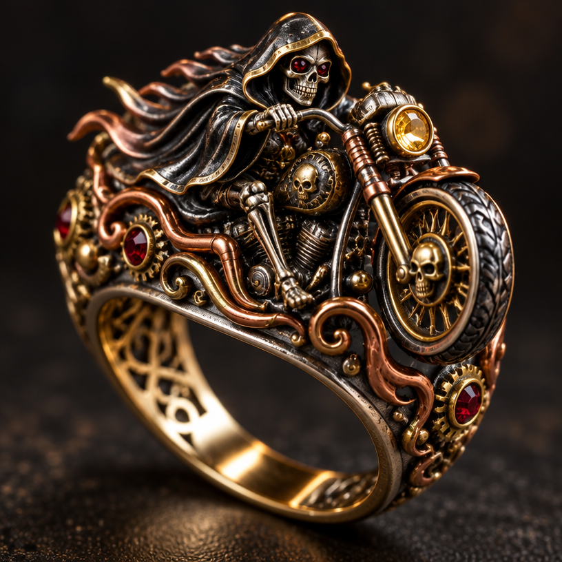 A steampunk women's ring made of mixed metal suitable for party, detailed and decorative, moderately ornate. reaper on a motorcycle
using the attached image as a visual reference, create A steampunk women's ring made of mixed metal suitable for party, detailed and decorative, moderately ornate. reaper on a motorcycle. photorealistic, just the design no text