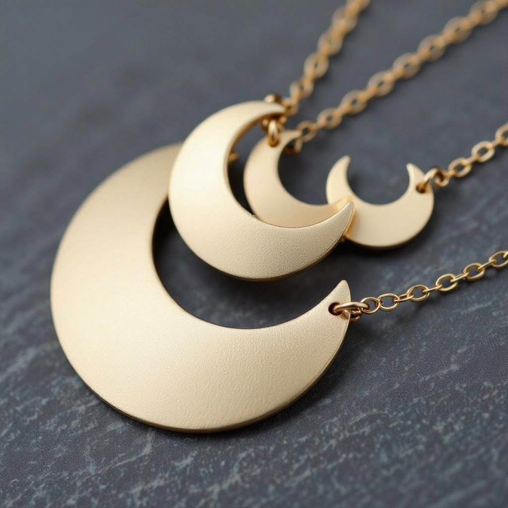 Подвеска из трех полумесяцев из матового неровного светлого золота соединенных цепочкой сверху самый широкий полукруг дальше средний и снизу самый маленький