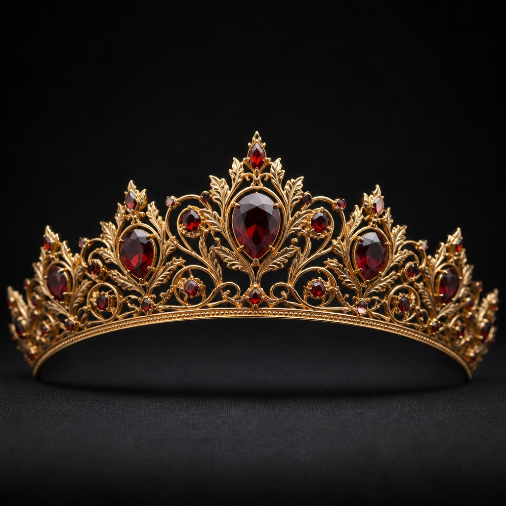 A royal women's tiara made of gold with garnet and ruby stones suitable for formal, highly ornate, intricate and elaborate, richly detailed. delicado y sencillo
photorealistic jewelry design, A royal women's tiara made of gold with garnet and ruby stones suitable for formal, highly ornate, intricate and elaborate, richly detailed. delicado y sencillo, royal style, just the design no text