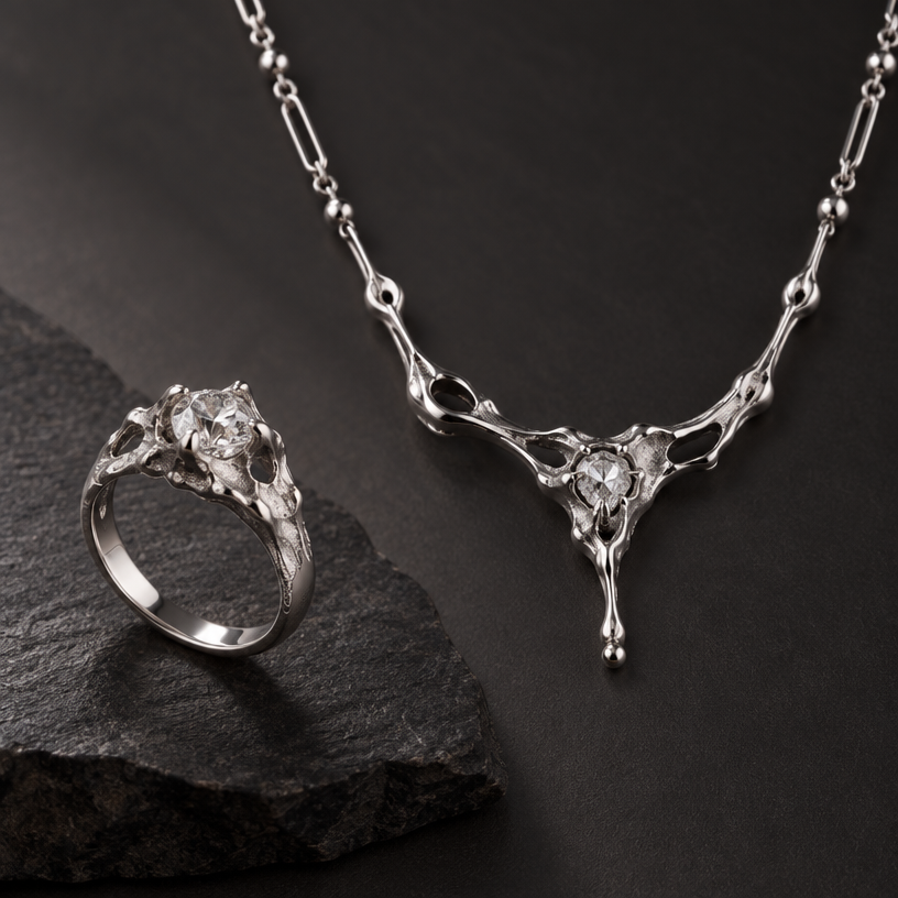 A women's ring made of silver. una collana stile cyber metallica ma elegante
using the attached image as a visual reference, create A women's ring made of silver. una collana stile cyber metallica ma elegante. photorealistic, just the design no text
