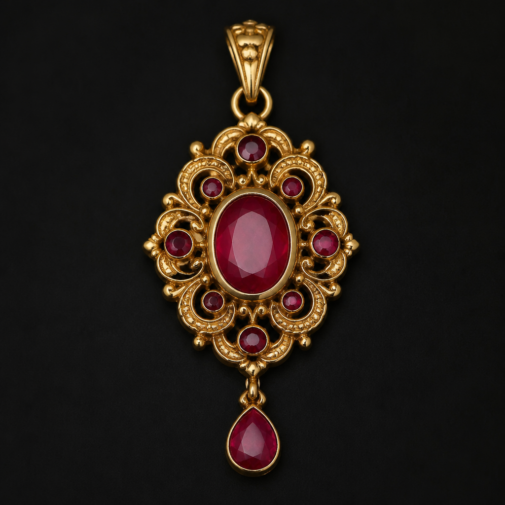 A vintage women's pendant made of gold with ruby stones suitable for party
photorealistic jewelry design, A vintage women's pendant made of gold with ruby stones suitable for party, vintage style, just the design no text