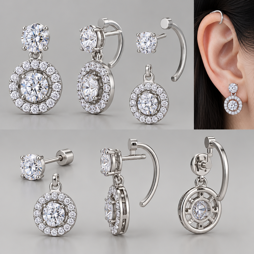 A women's earrings. สามารถถอดออกเป็นส่วนๆได้,อ้อมหลังใบหู,4 views
using the attached image as a visual reference, create A women's earrings. สามารถถอดออกเป็นส่วนๆได้,อ้อมหลังใบหู,4 views. photorealistic, just the design no text