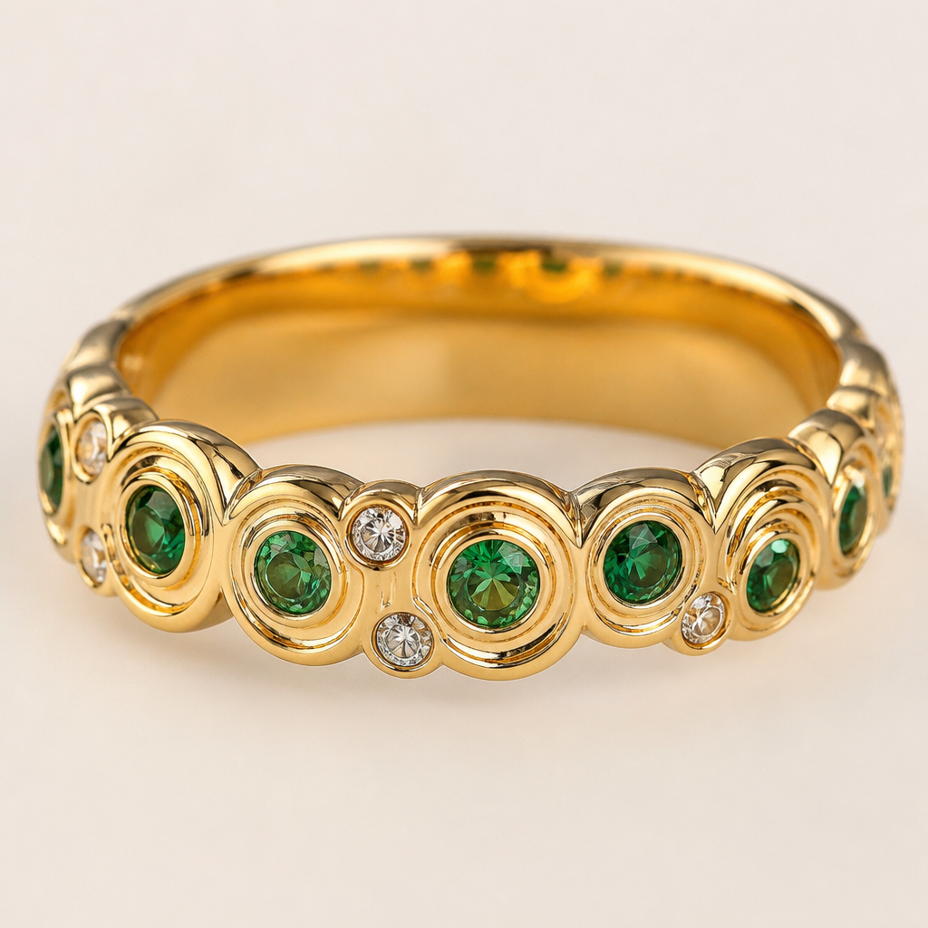 Gold band indented with circle shapes in the band to look like waves and emerald diamonds
photorealistic jewelry design, Gold band indented with circle shapes in the band to look like waves and emerald diamonds , mediterranean style, just the design no text