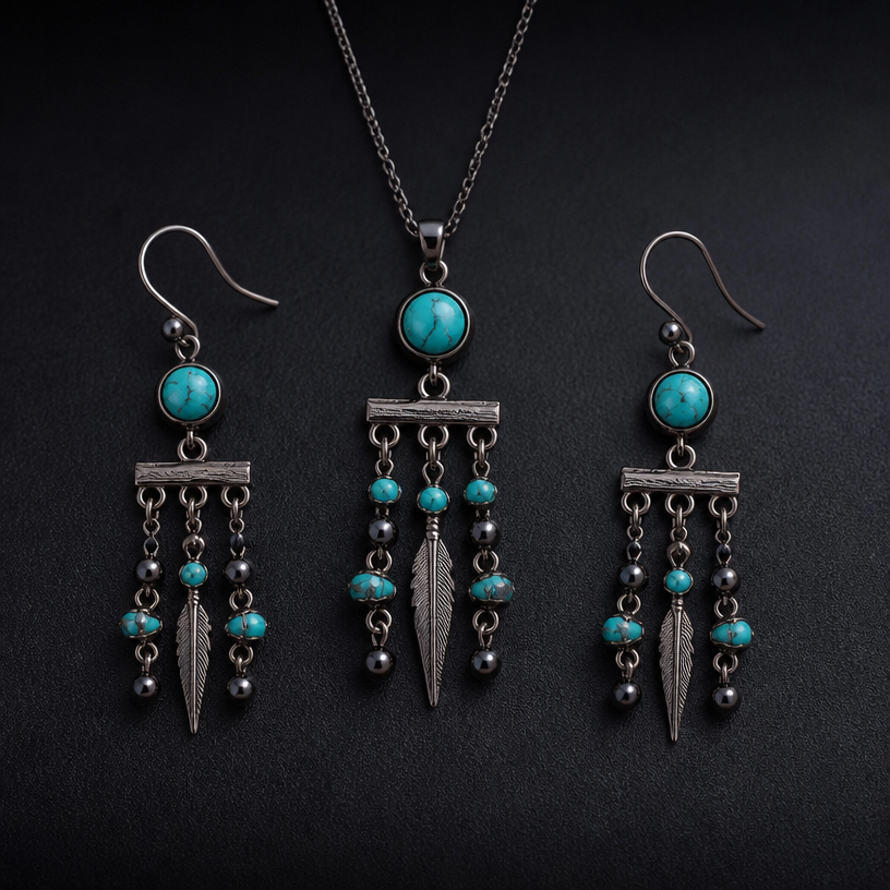 A women's pendant made of titanium with turquoise stones. Black earings
using the attached image as a visual reference, create A women's pendant made of titanium with turquoise stones. Black earings. photorealistic, just the design no text