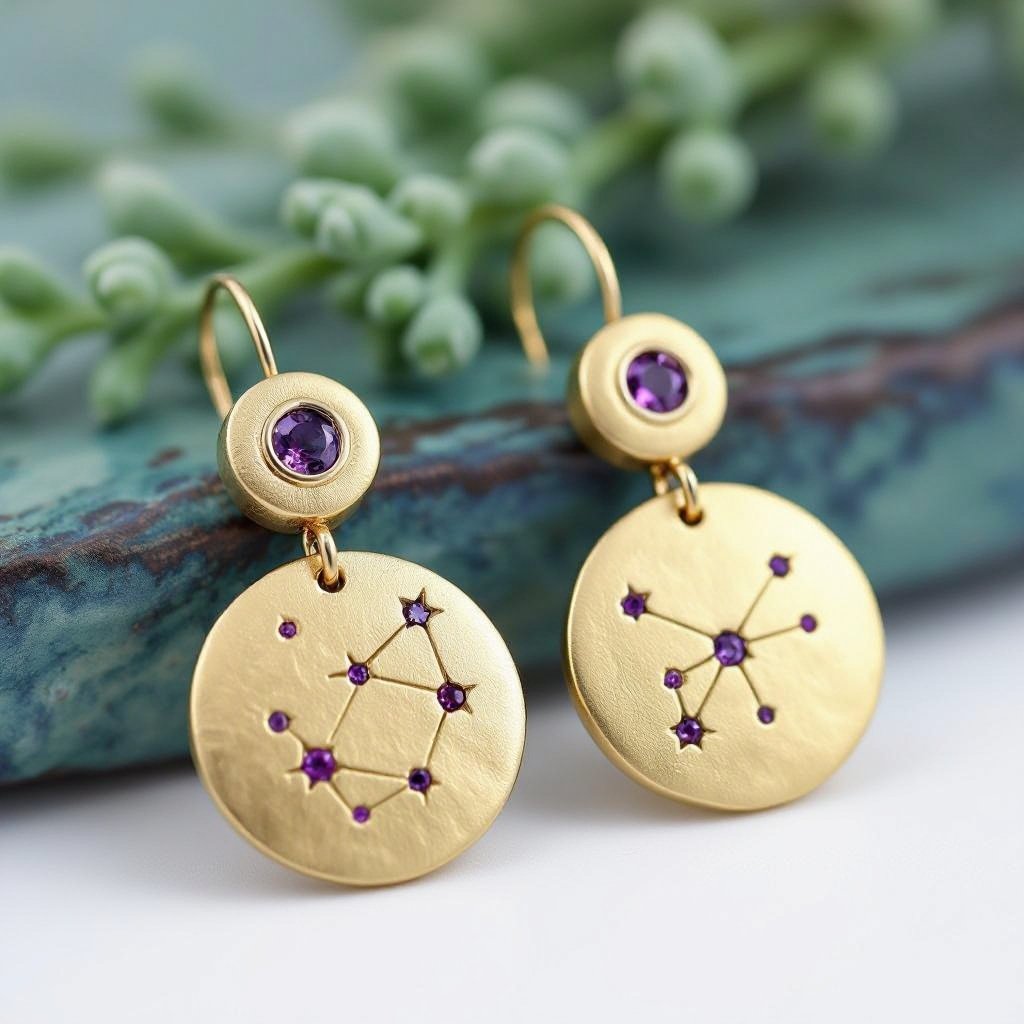 Серьги матовое золото мятое. Символ схематично созвездие. Маленькие фиолетовые камушки