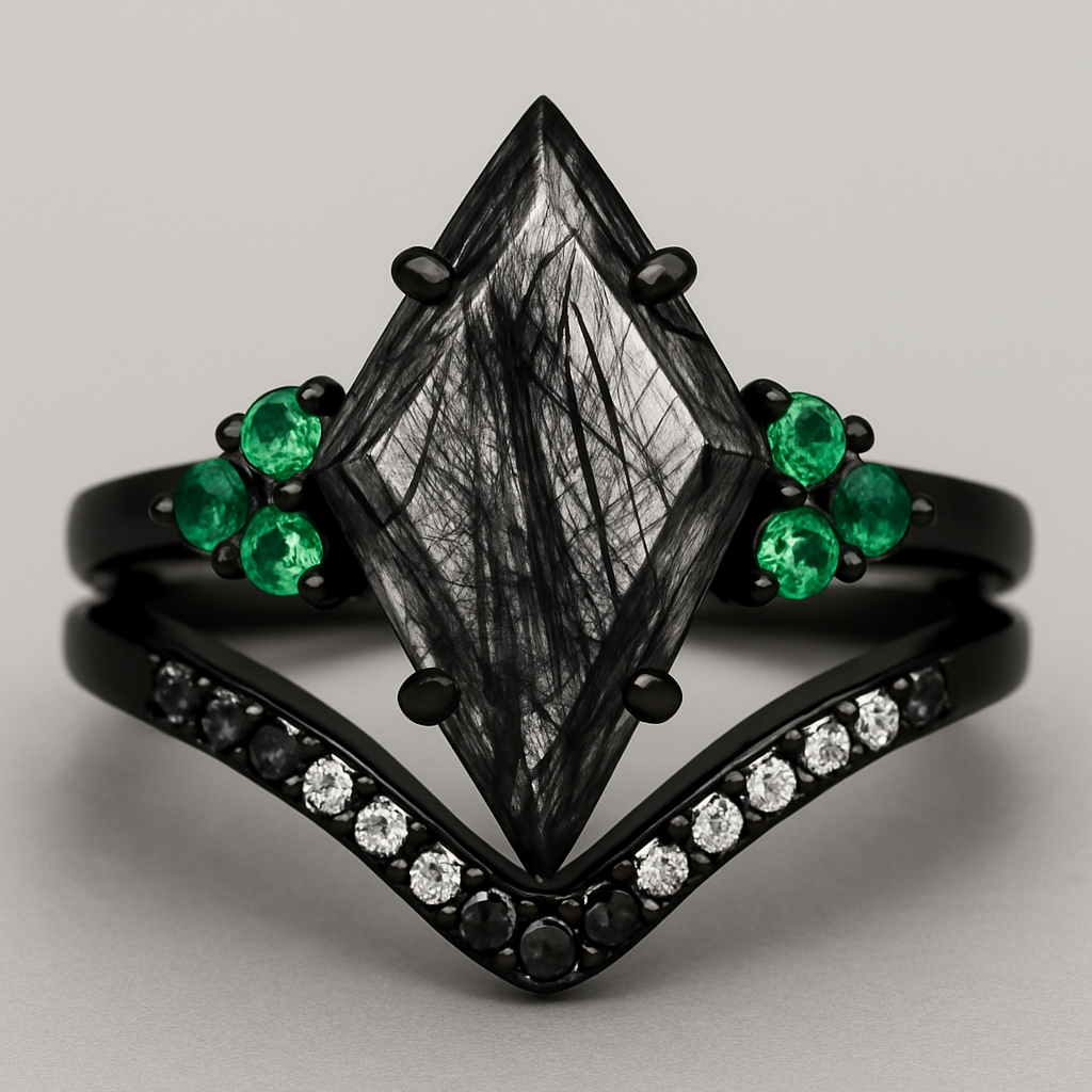 Black band, long kite cut upside down rutilated black quartz, emerald accent stones 3 on each side in a cluster, add a wedding band that curves around main stone with black and white stones