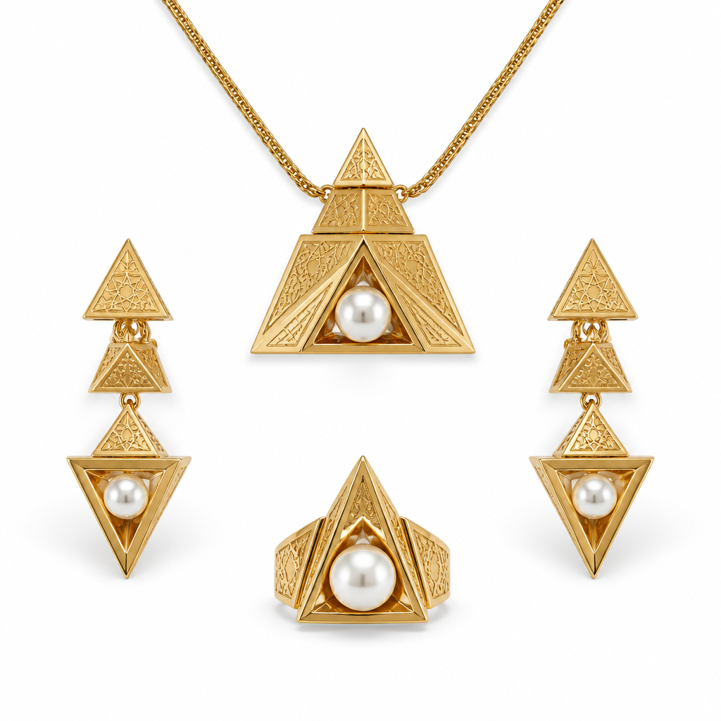 Create an exclusive haute joaillerie 21K yellow gold jewelry collection inspired by the majestic pyramids of Giza and contemporary Arabic architecture. The design should embrace minimalism with bold triangular geometry, clean lines, layered pyramid silhouettes, and delicate Islamic geometric motifs engraved into the gold. Natural white pearls float gracefully within the geometric framework, creating a striking contrast between softness and structure. Elegant proportions, luxurious craftsmanship, modern Middle Eastern aesthetic, premium high jewelry, polished yellow gold, subtle matte textures, architectural elegance, timeless luxury, editorial jewelry photography, ultra-realistic, cinematic lighting, white seamless background, 8K.
photorealistic jewelry design, Create an exclusive haute joaillerie 21K yellow gold jewelry collection inspired by the majestic pyramids of Giza and contemporary Arabic architecture. The design should embrace minimalism with bold triangular geometry, clean lines, layered pyramid silhouettes, and delicate Islamic geometric motifs engraved into the gold. Natural white pearls float gracefully within the geometric framework, creating a striking contrast between softness and structure. Elegant proportions, luxurious craftsmanship, modern Middle Eastern aesthetic, premium high jewelry, polished yellow gold, subtle matte textures, architectural elegance, timeless luxury, editorial jewelry photography, ultra-realistic, cinematic lighting, white seamless background, 8K., byzantine style, just the design no text