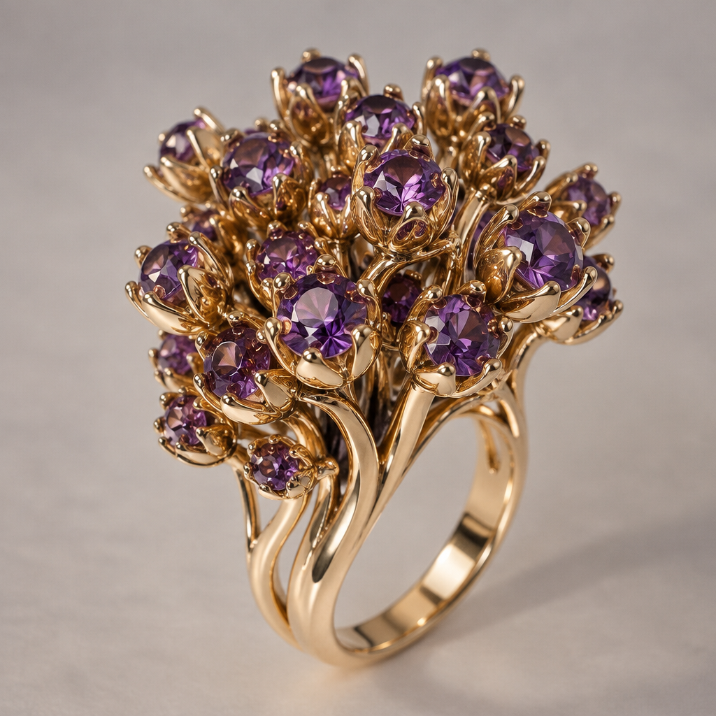 A women's ring. 24 tane taç içinde ametis taşları olan buket şeklinde bir yüzük
photorealistic jewelry design, A women's ring. 24 tane taç içinde ametis taşları olan buket şeklinde bir yüzük, modern style, just the design no text