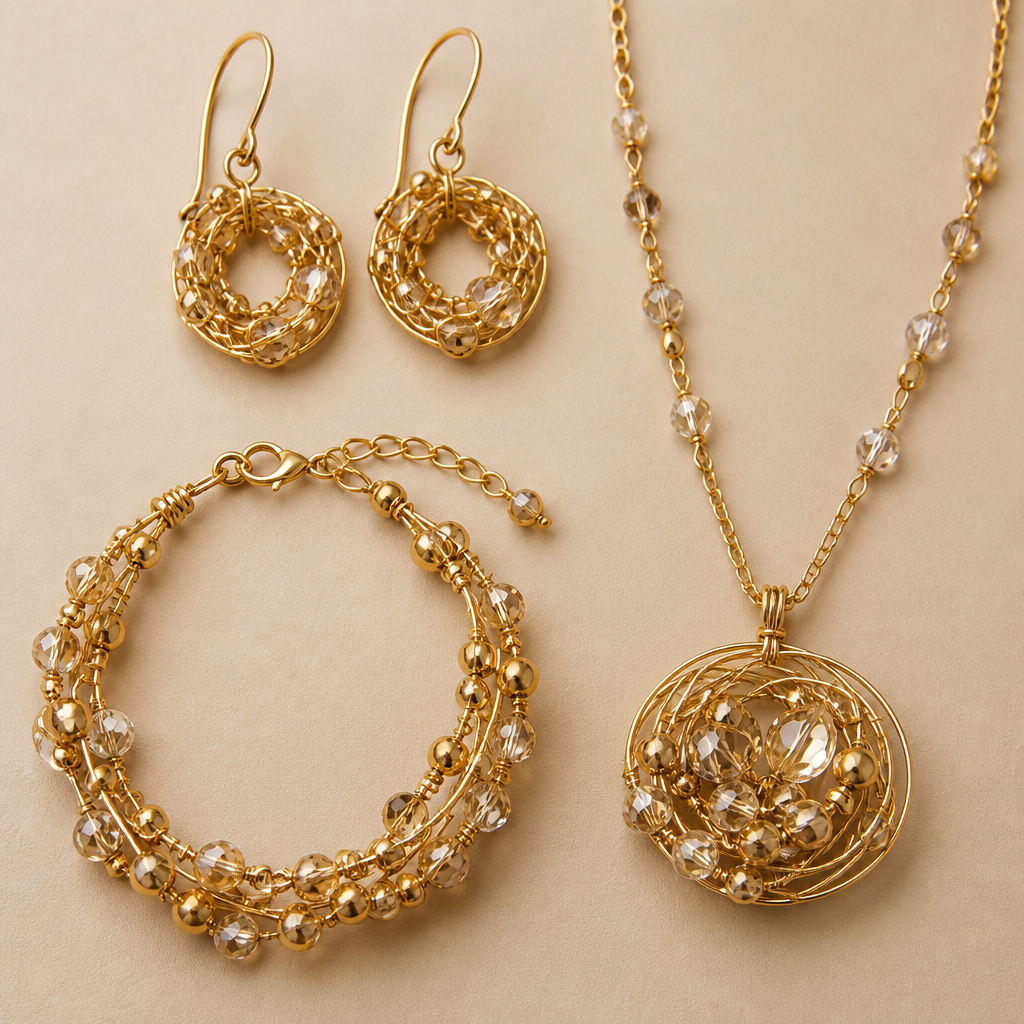 A women's earrings made of gold suitable for daily wear. made from wire, beads and crystals a bold set of earrings with matching bracelet and necklace
photorealistic jewelry design, A women's earrings made of gold suitable for daily wear. made from wire, beads and crystals a bold set of earrings with matching bracelet and necklace, modern style, just the design no text