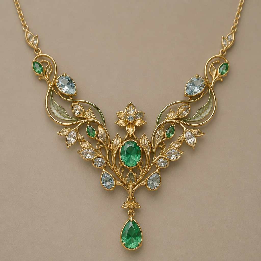 A art nouveau women's necklace made of gold with emerald and topaz stones suitable for daily wear, highly ornate, intricate and elaborate, richly detailed. delicado y sencillo
photorealistic jewelry design, A art nouveau women's necklace made of gold with emerald and topaz stones suitable for daily wear, highly ornate, intricate and elaborate, richly detailed. delicado y sencillo, art_nouveau style, just the design no text