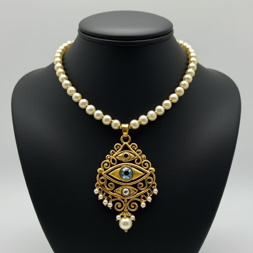 Кулон на длинной цепочке. Матовое светлое золото. В цепочке небольшие золотые шарики и жемчуг. Кулон это перевернутый глаз, снизу еще два глаза узоры завитушки 