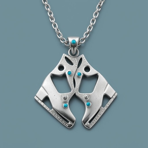 Pendant silver with stylized ice figure skating skates. Remove boots and leave only lowest part of skates. Add turquoise