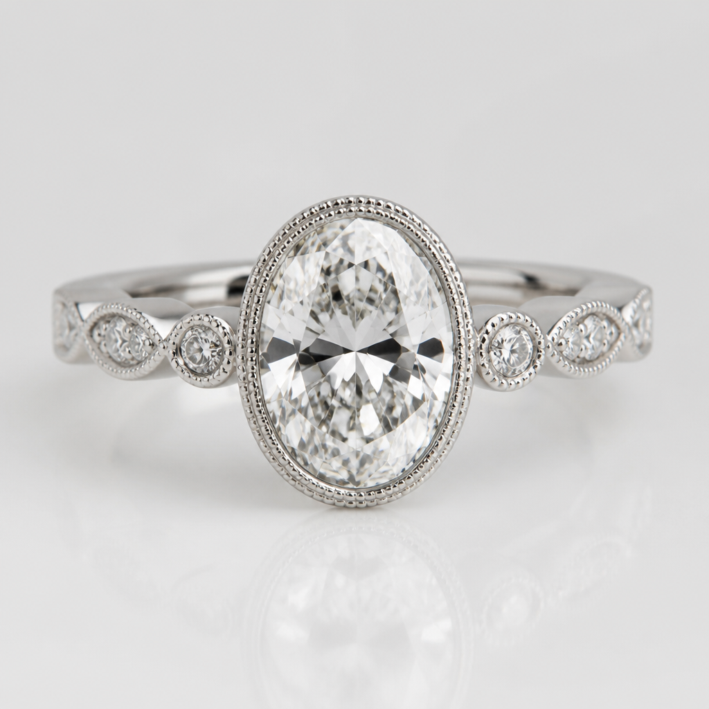 A romantic women's ring made of white gold with diamond stones suitable for engagement. oval 2.7ct with mulgrain. bezel set
photorealistic jewelry design, A romantic women's ring made of white gold with diamond stones suitable for engagement. oval 2.7ct with mulgrain. bezel set, romantic style, just the design no text