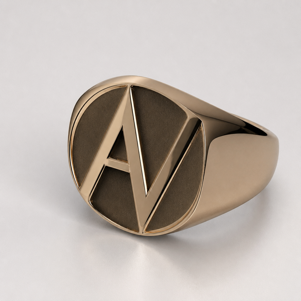 A signet ring with initials AV
photorealistic jewelry design, A signet ring with initials AV, avant_garde style, just the design no text