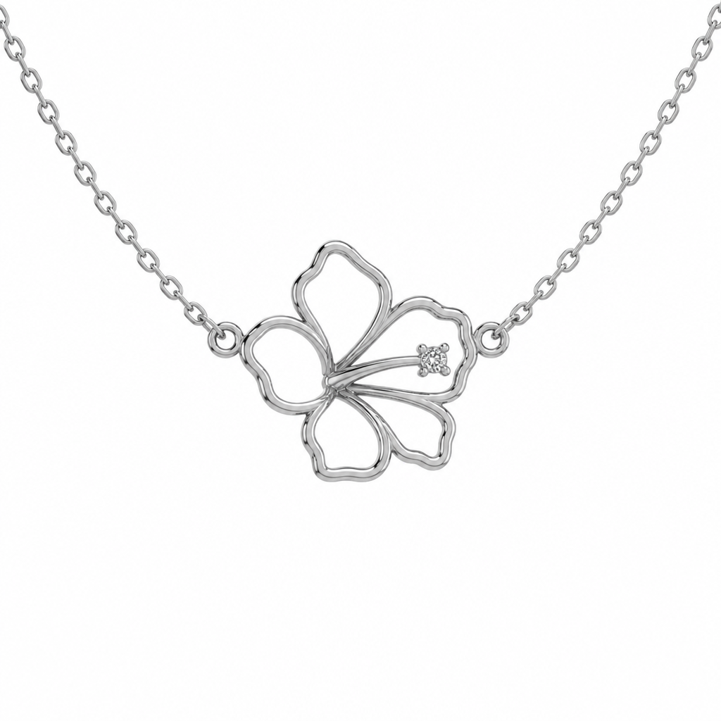 A women's necklace made of silver. hibicus vu de coté ligne fine et delicat ,tres petit diamand dans le milieu au bout de la tige interieur de la fleur vide, plus detail, 5 petales chaine de chaque coté, exotique , tige qui ne depasse la fleur
photorealistic jewelry design, A women's necklace made of silver. hibicus vu de coté ligne fine et delicat ,tres petit diamand dans le milieu au bout de la tige interieur de la fleur vide, plus detail, 5 petales chaine de chaque coté, exotique , tige qui ne depasse la fleur, modern style, just the design no text