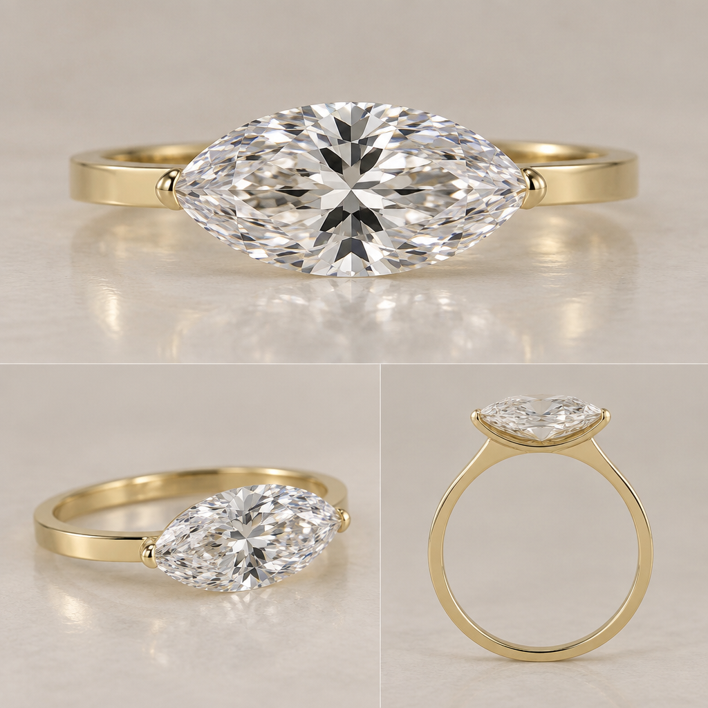 A women's ring, detailed and decorative, moderately ornate. High-end photorealistic fine-jewelry rendering of a single 1.90 carat marquise-cut diamond mounted east-to-west on a 2.0 mm wide, perfectly flat 18k yellow-gold band. Preserve a true elongated marquise silhouette with sharply pointed east and west tips and elegant curved sides; do not make the stone oval, cushion-like, rounded, or excessively wide. The diamond should dominate the design and appear almost visually unsupported from the face-up view.
Use two exceptionally tiny yellow-gold point claws at the extreme east and west tips. The claws should be delicate, narrow, rounded, and tightly follow the diamond's points, capturing only the minimum amount of girdle necessary. They should visually disappear into the diamond rather than read as large prongs, beads, diamonds, hooks, or metal caps. No bulbous tips, no triangular gold shapes, no oversized prongs.
The flat shank should transition smoothly and continuously into the tiny point claws without raised shoulders, decorative curves, upward hooks, or bulky metal. Keep the entire face-up outline of the marquise unobstructed.
Conceal any additional structural support beneath the pavilion. The support may widen underneath the stone as necessary for a secure daily-wear mounting, but it must remain hidden behind the diamond from the face-up view. Do not expose a large basket, gallery rail, halo, bezel, or decorative under-gallery.
Keep the ring extremely low-profile while maintaining realistic pavilion clearance and physically plausible construction for a 1.90 ct marquise diamond. The diamond must not appear literally unsupported when viewed from the side.
Show the exact same ring in three views: straight-on face-up, 3/4 perspective, and true side/profile. Maintain identical diamond proportions, orientation, scale, band width, and setting architecture in all views. Photorealistic luxury jewelry photography, realistic diamond proportions and pavilion depth, realistic 18k gold thickness, accurate jewelry construction, understated contemporary architectural design.
photorealistic jewelry design, A women's ring, detailed and decorative, moderately ornate. High-end photorealistic fine-jewelry rendering of a single 1.90 carat marquise-cut diamond mounted east-to-west on a 2.0 mm wide, perfectly flat 18k yellow-gold band. Preserve a true elongated marquise silhouette with sharply pointed east and west tips and elegant curved sides; do not make the stone oval, cushion-like, rounded, or excessively wide. The diamond should dominate the design and appear almost visually unsupported from the face-up view.
Use two exceptionally tiny yellow-gold point claws at the extreme east and west tips. The claws should be delicate, narrow, rounded, and tightly follow the diamond's points, capturing only the minimum amount of girdle necessary. They should visually disappear into the diamond rather than read as large prongs, beads, diamonds, hooks, or metal caps. No bulbous tips, no triangular gold shapes, no oversized prongs.
The flat shank should transition smoothly and continuously into the tiny point claws without raised shoulders, decorative curves, upward hooks, or bulky metal. Keep the entire face-up outline of the marquise unobstructed.
Conceal any additional structural support beneath the pavilion. The support may widen underneath the stone as necessary for a secure daily-wear mounting, but it must remain hidden behind the diamond from the face-up view. Do not expose a large basket, gallery rail, halo, bezel, or decorative under-gallery.
Keep the ring extremely low-profile while maintaining realistic pavilion clearance and physically plausible construction for a 1.90 ct marquise diamond. The diamond must not appear literally unsupported when viewed from the side.
Show the exact same ring in three views: straight-on face-up, 3/4 perspective, and true side/profile. Maintain identical diamond proportions, orientation, scale, band width, and setting architecture in all views. Photorealistic luxury jewelry photography, realistic diamond proportions and pavilion depth, realistic 18k gold thickness, accurate jewelry construction, understated contemporary architectural design., modern style, just the design no text
