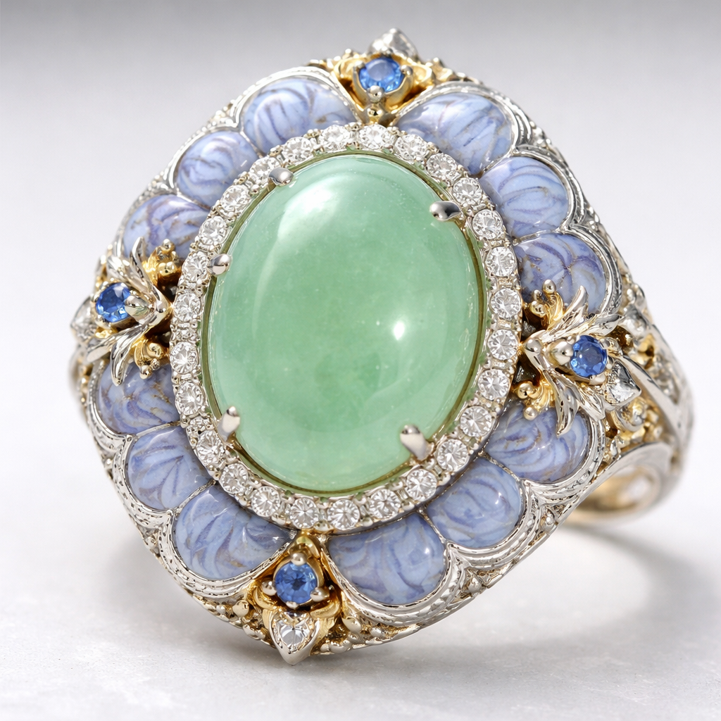 Make a ring with a light green jade stone in the middle with blue lace agate around it and circled with diamonds.