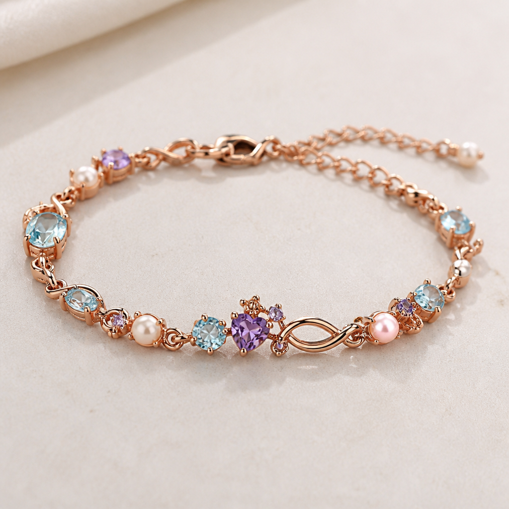 A romantic women's bracelet made of rose gold with aquamarine and pearl and amethyst stones suitable for daily wear
photorealistic jewelry design, A romantic women's bracelet made of rose gold with aquamarine and pearl and amethyst stones suitable for daily wear, romantic style, just the design no text