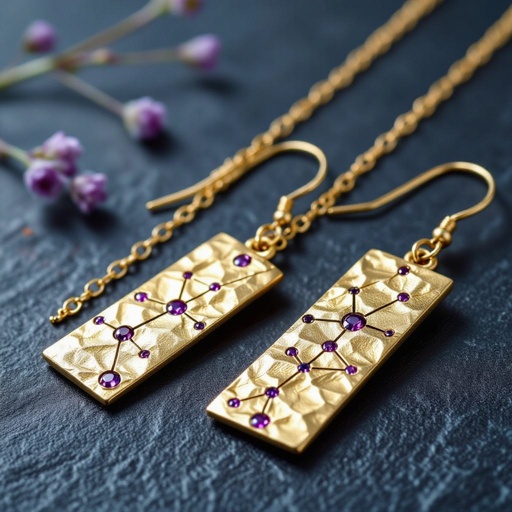 Серьги длинные на цепочках матовое золото мятое. Символ схематично созвездие. Маленькие фиолетовые камушки